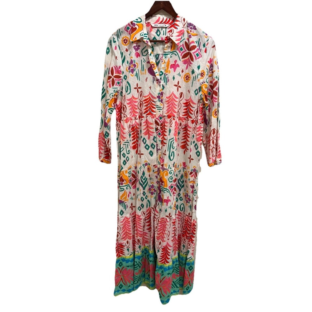 Zara Multicolor Printed Maxi Shirt Dress Bohemian Sz L Geometric Floral